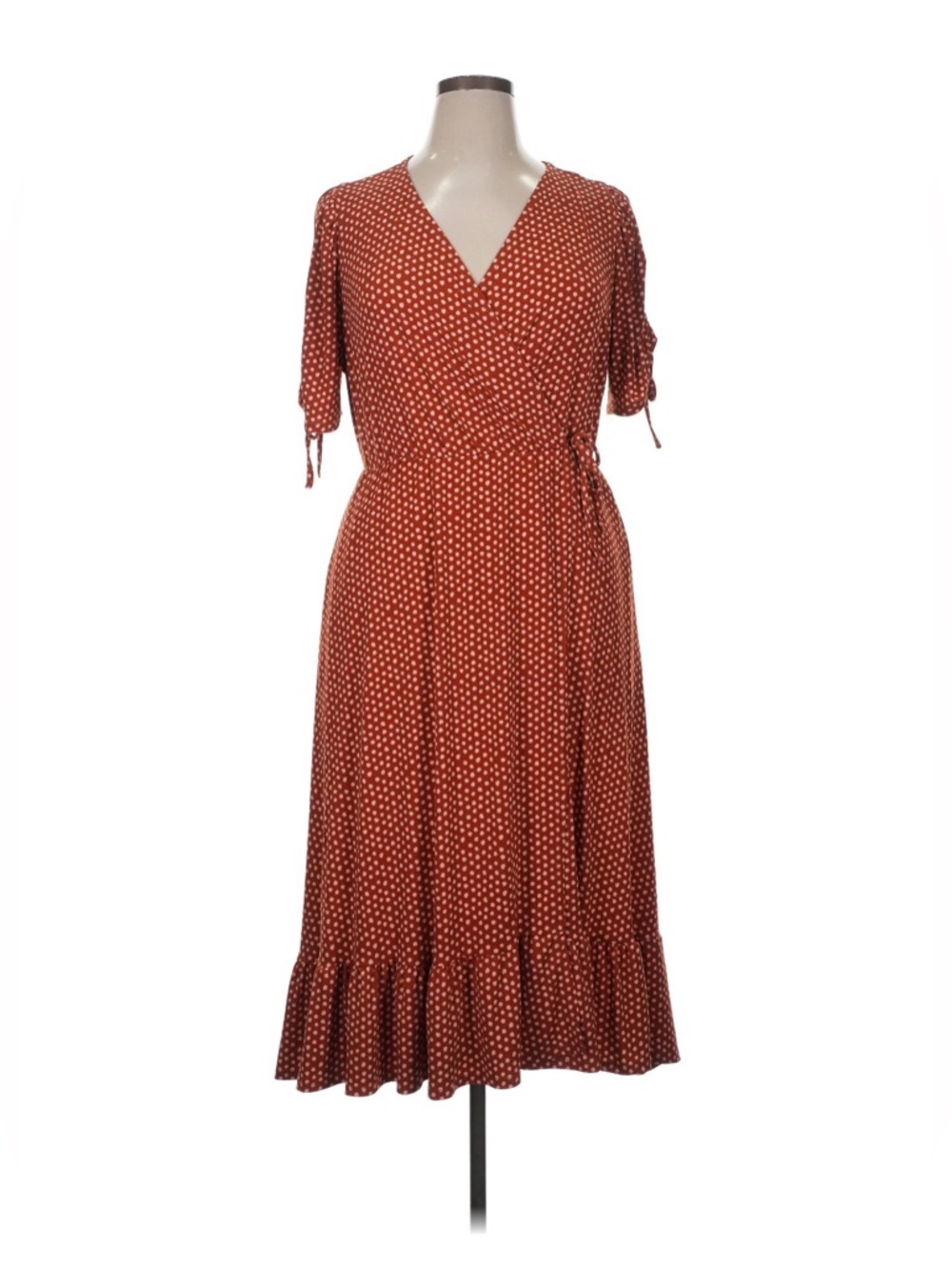 Torrid Studio Knit Wrap Ruffle Dress Rust Brown Polka Dot Pattern